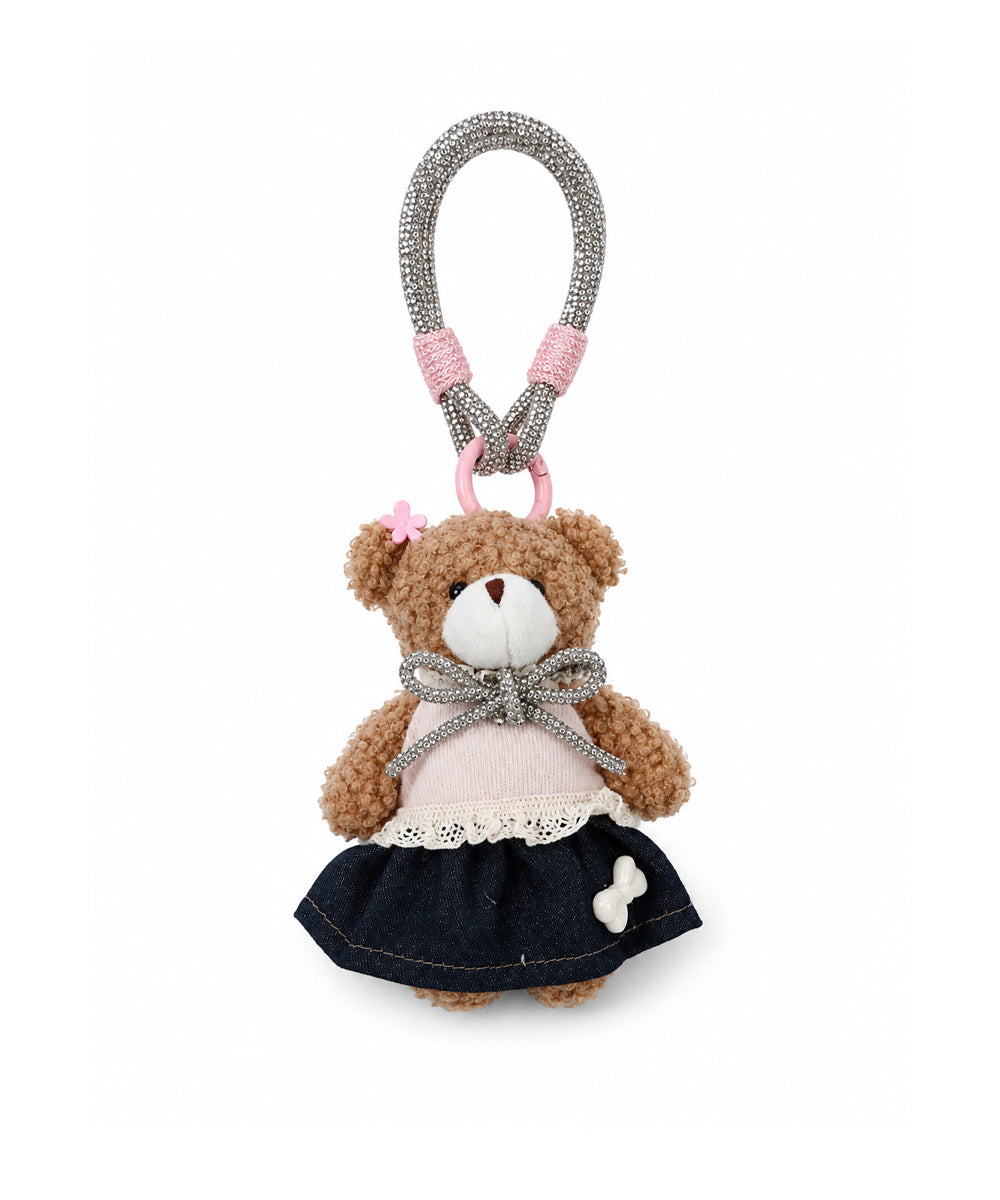 Pink & Denim Teddy Bear Bag Charm with Silver Rhinestone Strap