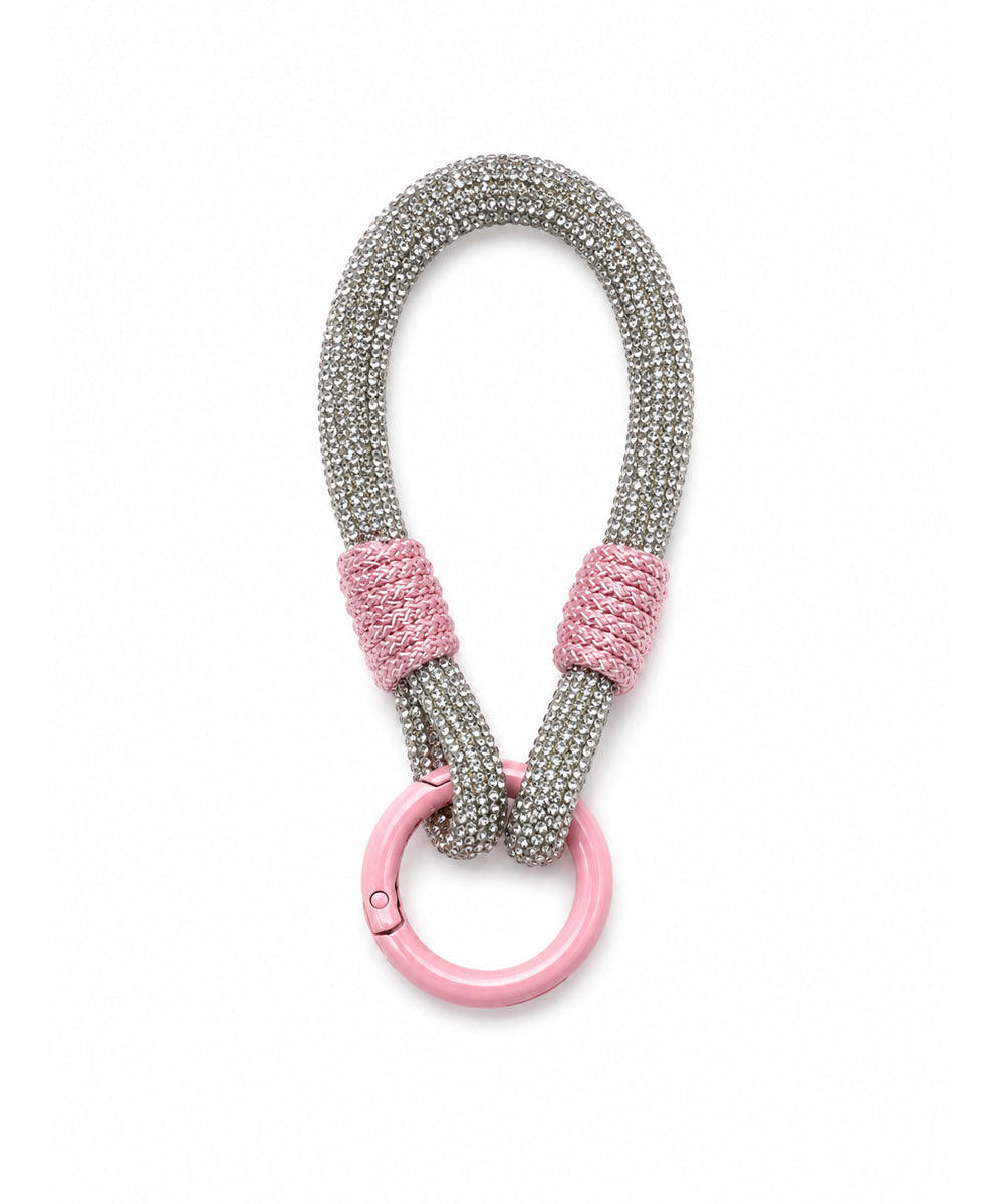 Pink & Denim Teddy Bear Bag Charm with Silver Rhinestone Strap