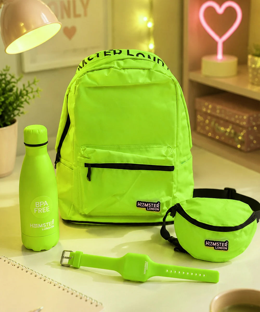 Hamster London Neon Colour Backpack Gift Set with Waist Bag, Stainless Steel Bottle & Slap Watch