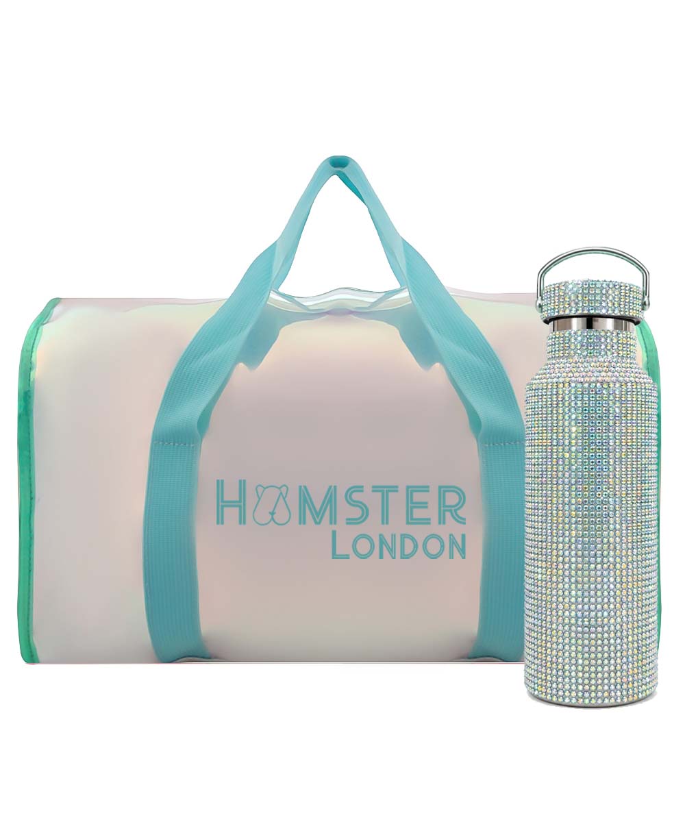 Hamster London Crystal Gem Shiny Duffle Aqua & Bottle Silver Set Of 2