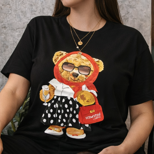wearing a black t-shirt with a teddy bear graphic design
