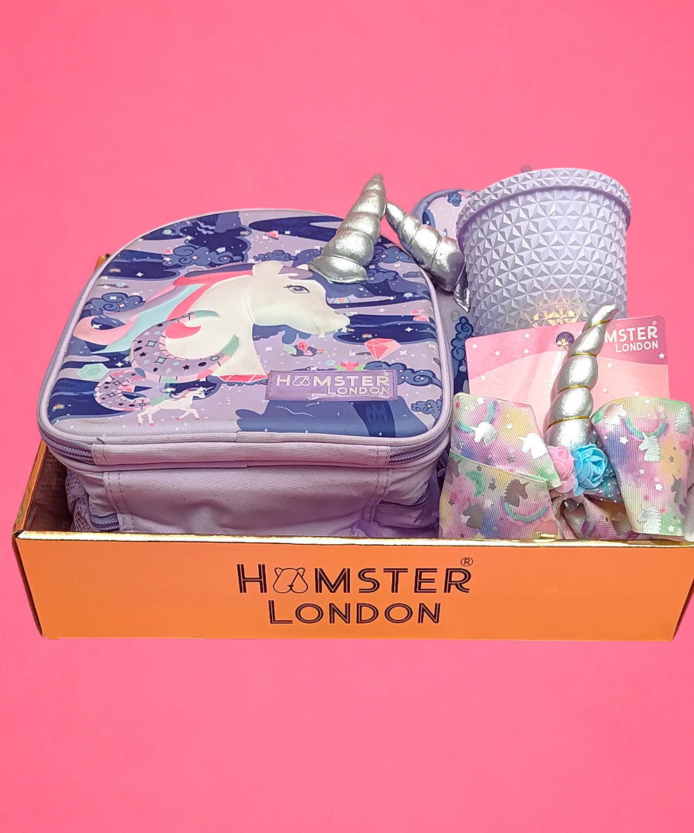 Hamster London Unicorn Backpack Gift Set with Mini Backpack, Unicorn Sipper & Hair Clip – Lavender