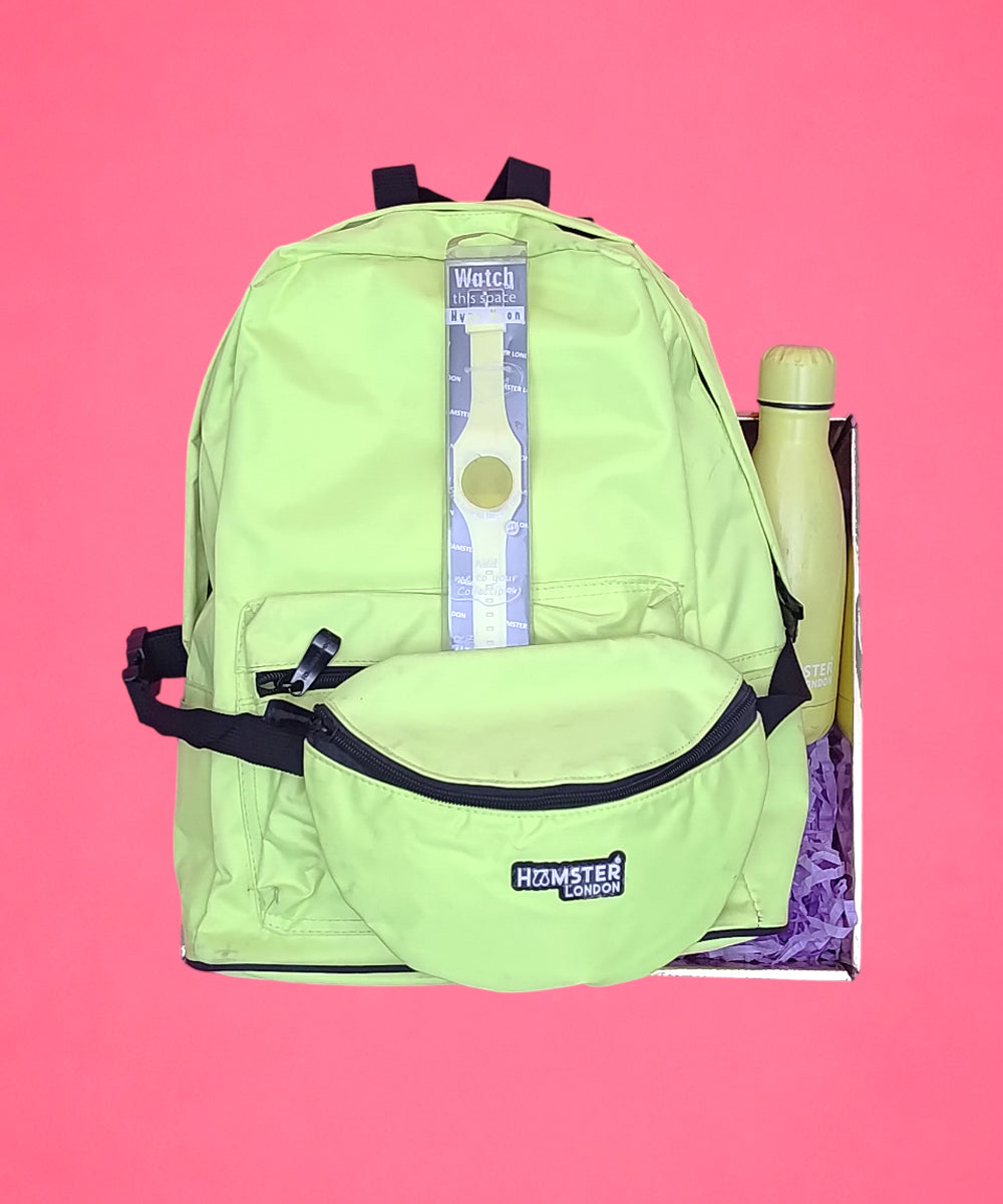 Hamster London Neon Backpack Gift Set with Waist Bag, Stainless Steel Bottle & Slap Watch