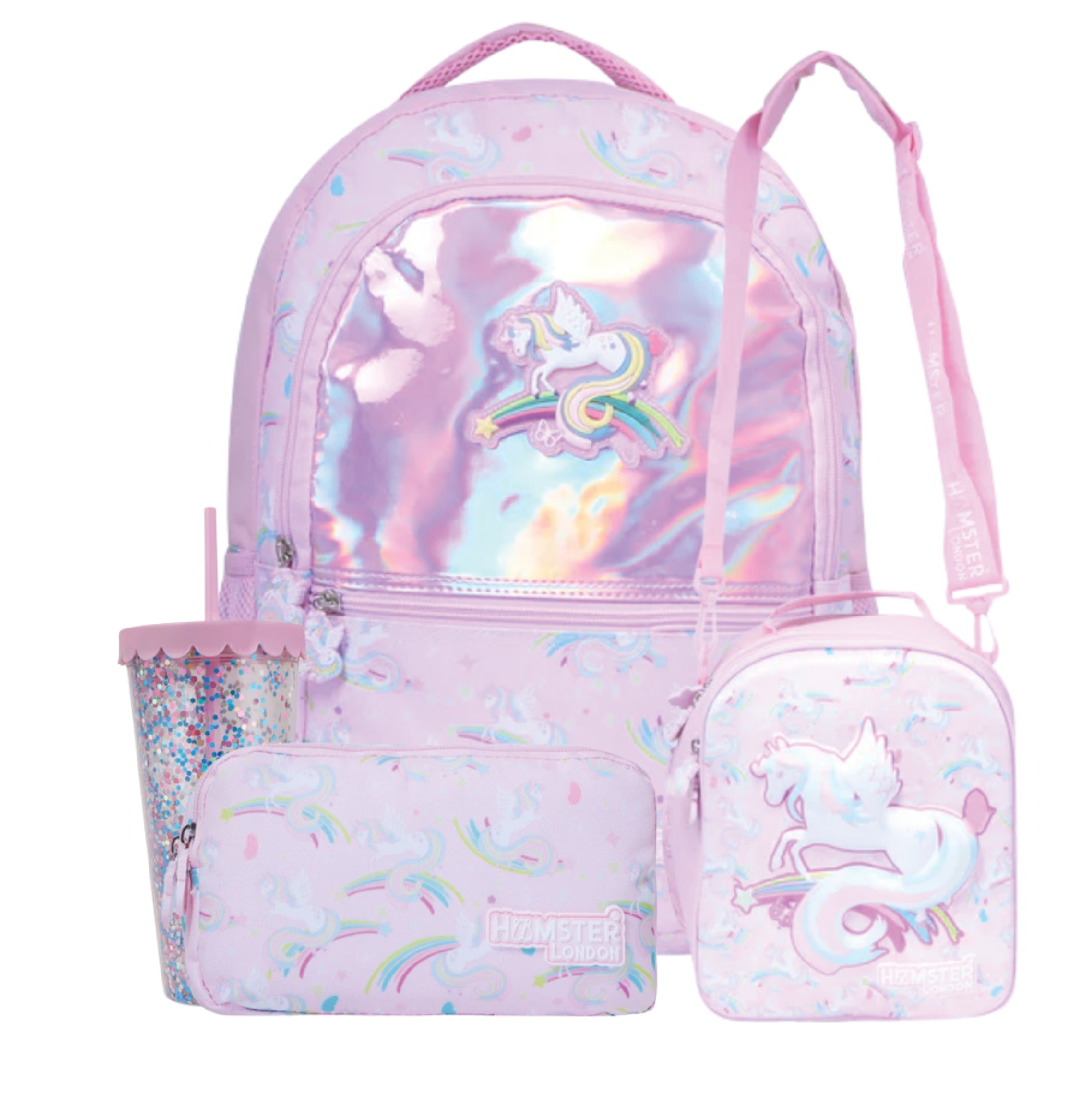 Hamster London School Bundle Perky Unicorn Backpack + Sling + Pouch + Sipper