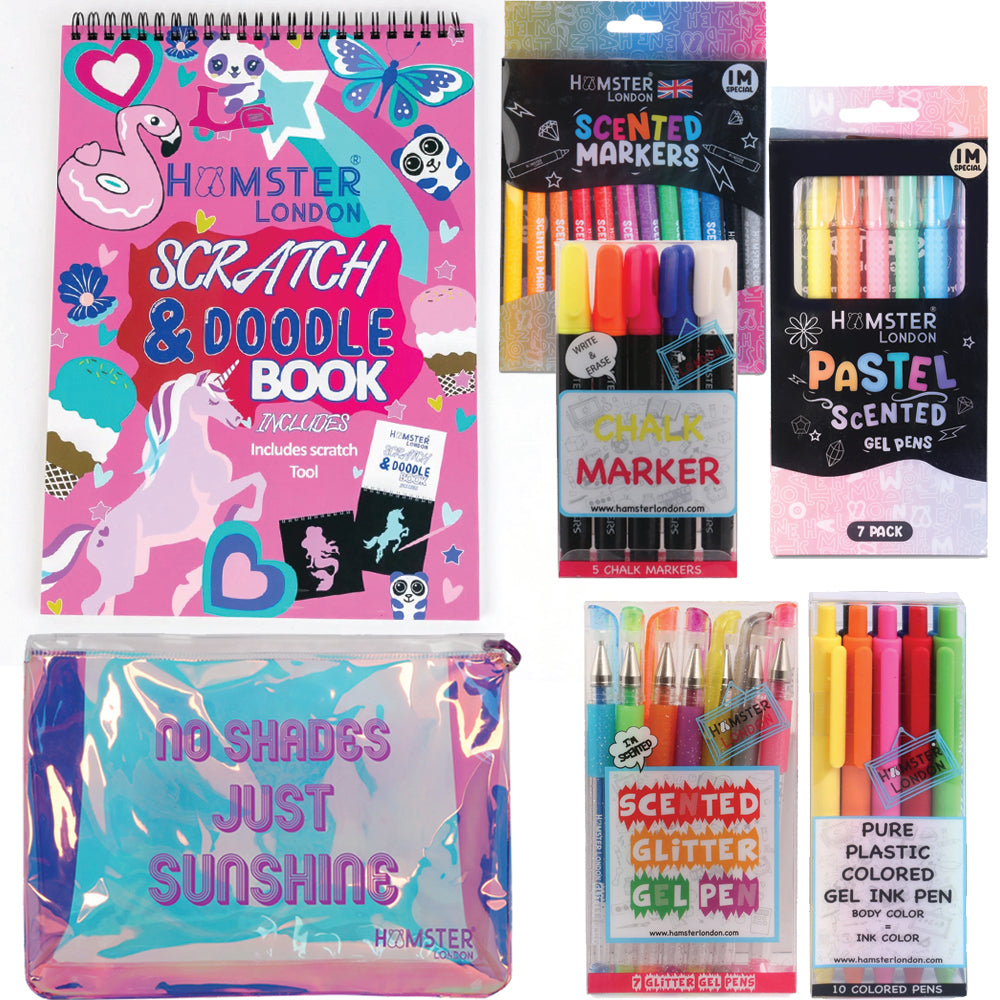 Hamster London Gift Hamper  Stationery Set Mix Unicorn + Scented Markers + Gel Pen + Chalk Marker + Paster Gel Pen + Set of 10 Pen set + Pouches