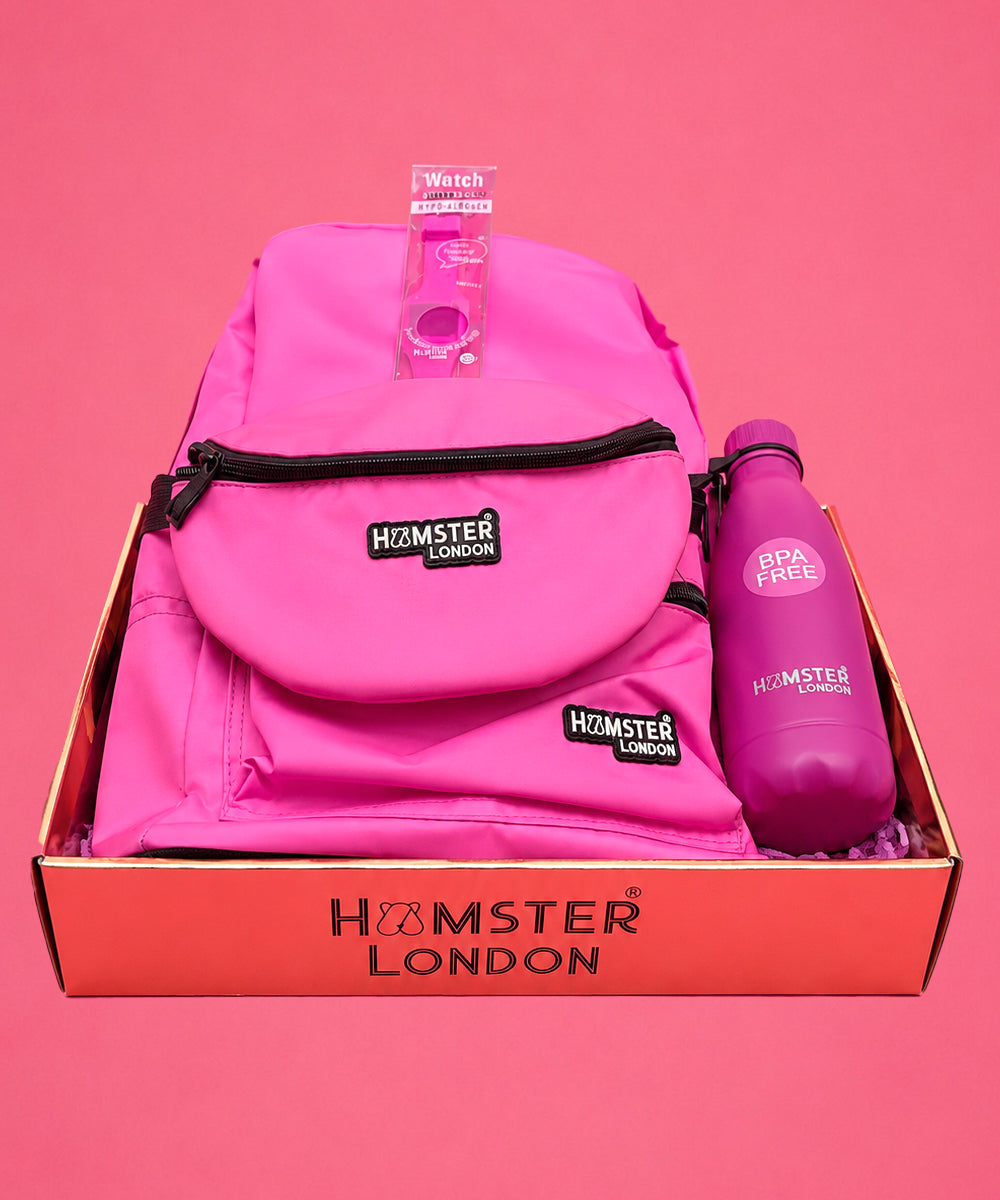 Hamster London Classic Backpack Gift Set with Waist Bag, BPA-Free Bottle & Slap Watch – Pink