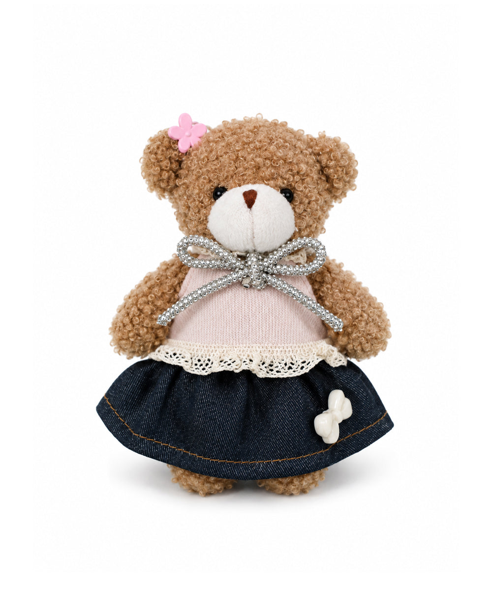 Pink & Denim Teddy Bear Bag Charm with Silver Rhinestone Strap