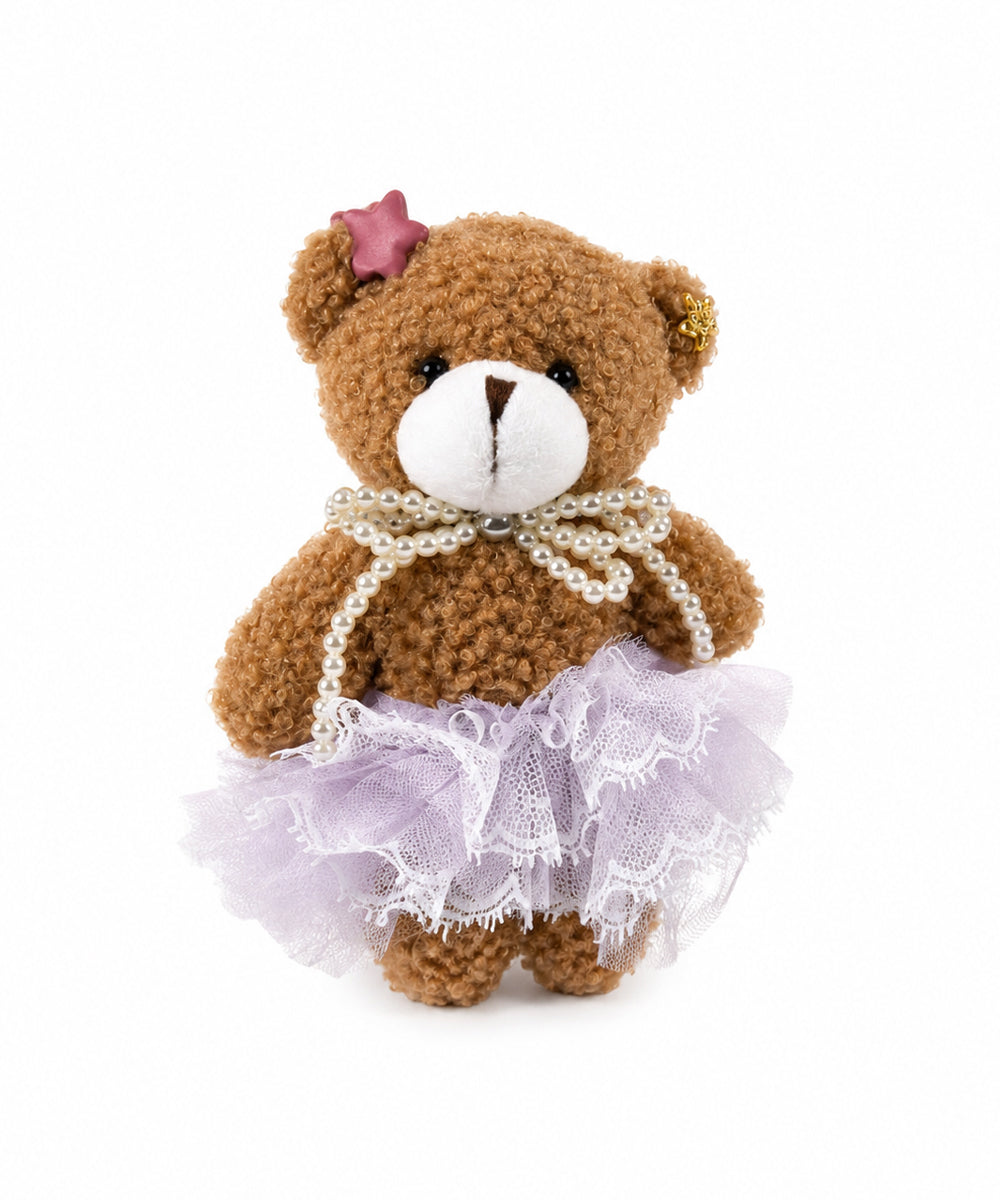 Lilac Lace Teddy Bear Bag Charm with Pearl Bow & Silver Rhinestone Strap