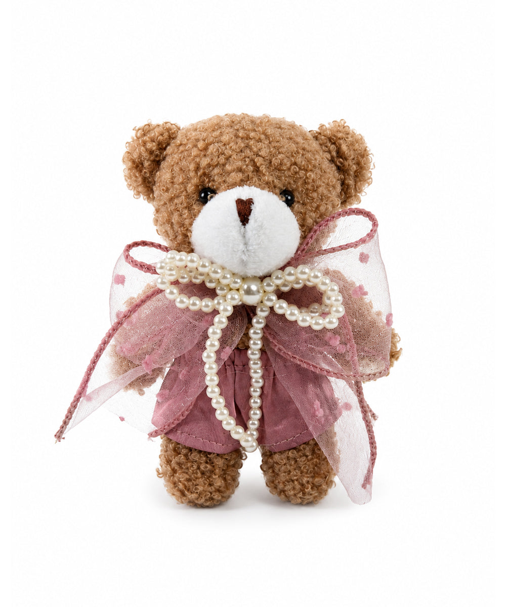 Pink Pearl Bow Teddy Bear Bag Charm with Silver Rhinestone Strap