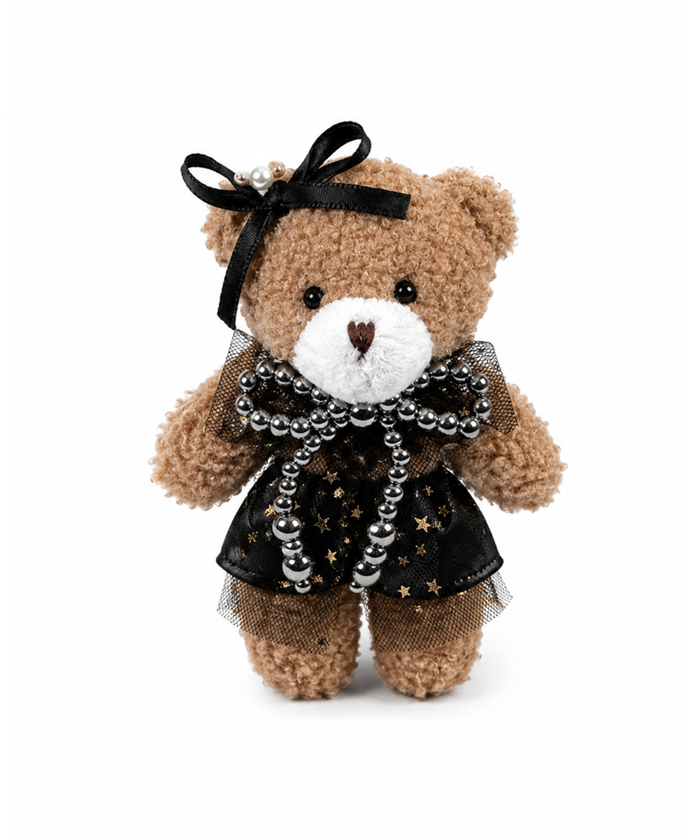 Black Star Teddy Bear Bag Charm with Pearl Bow & Silver Rhinestone Strap