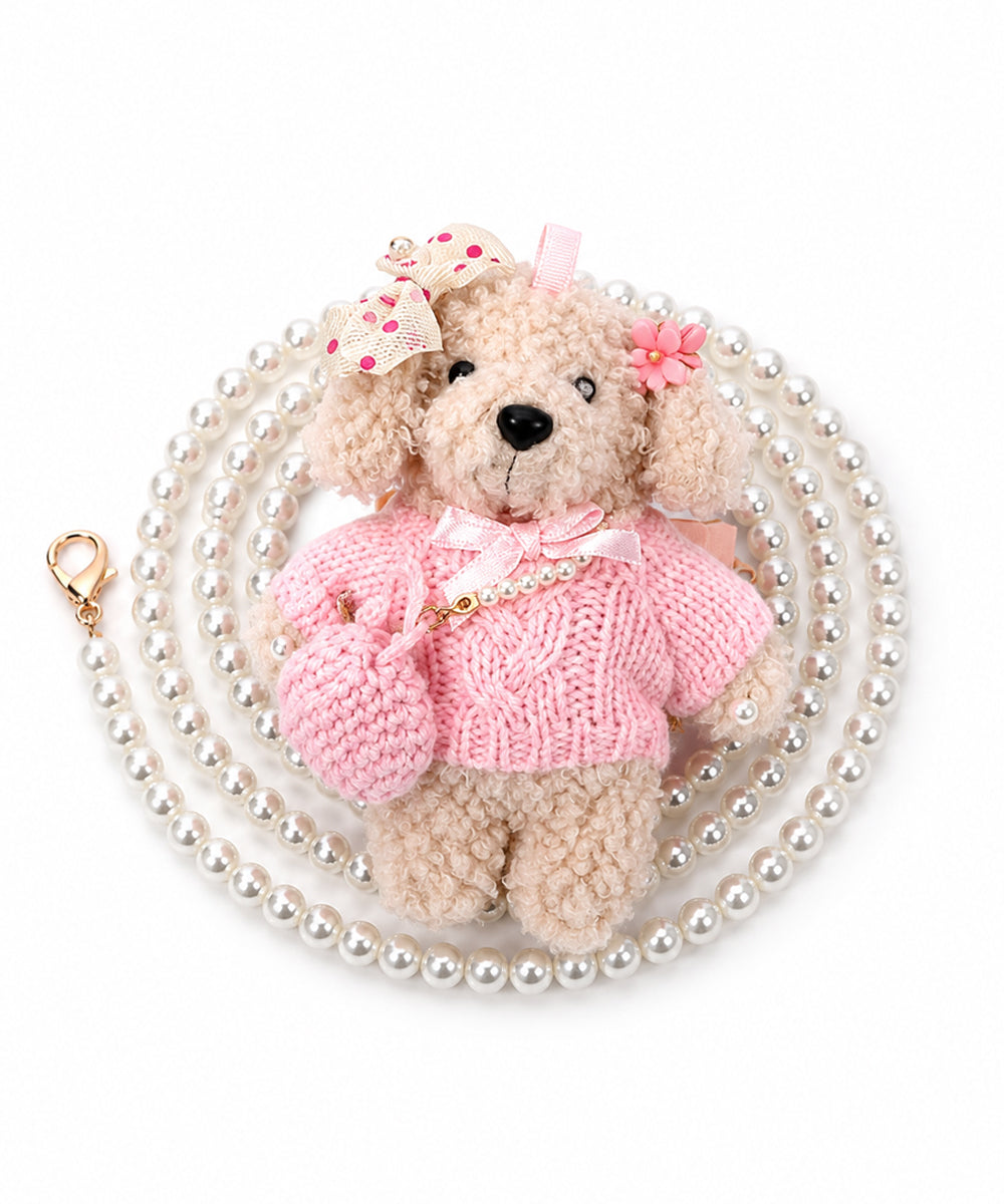 Pink Knit Teddy Bear Pearl Crossbody Bag