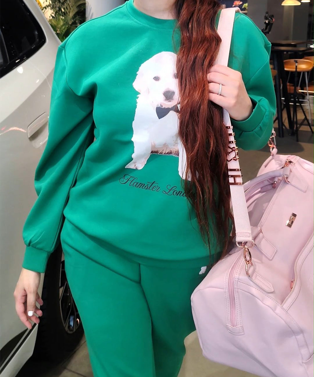 Hamster London Pup H Holiday Green Sweatshirt with Lower Set
