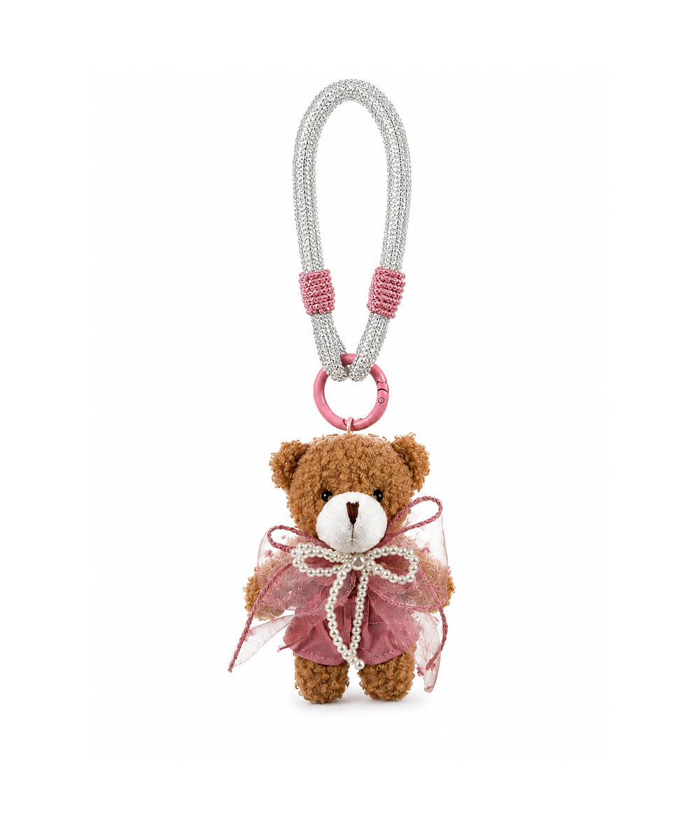 Pink Pearl Bow Teddy Bear Bag Charm with Silver Rhinestone Strap