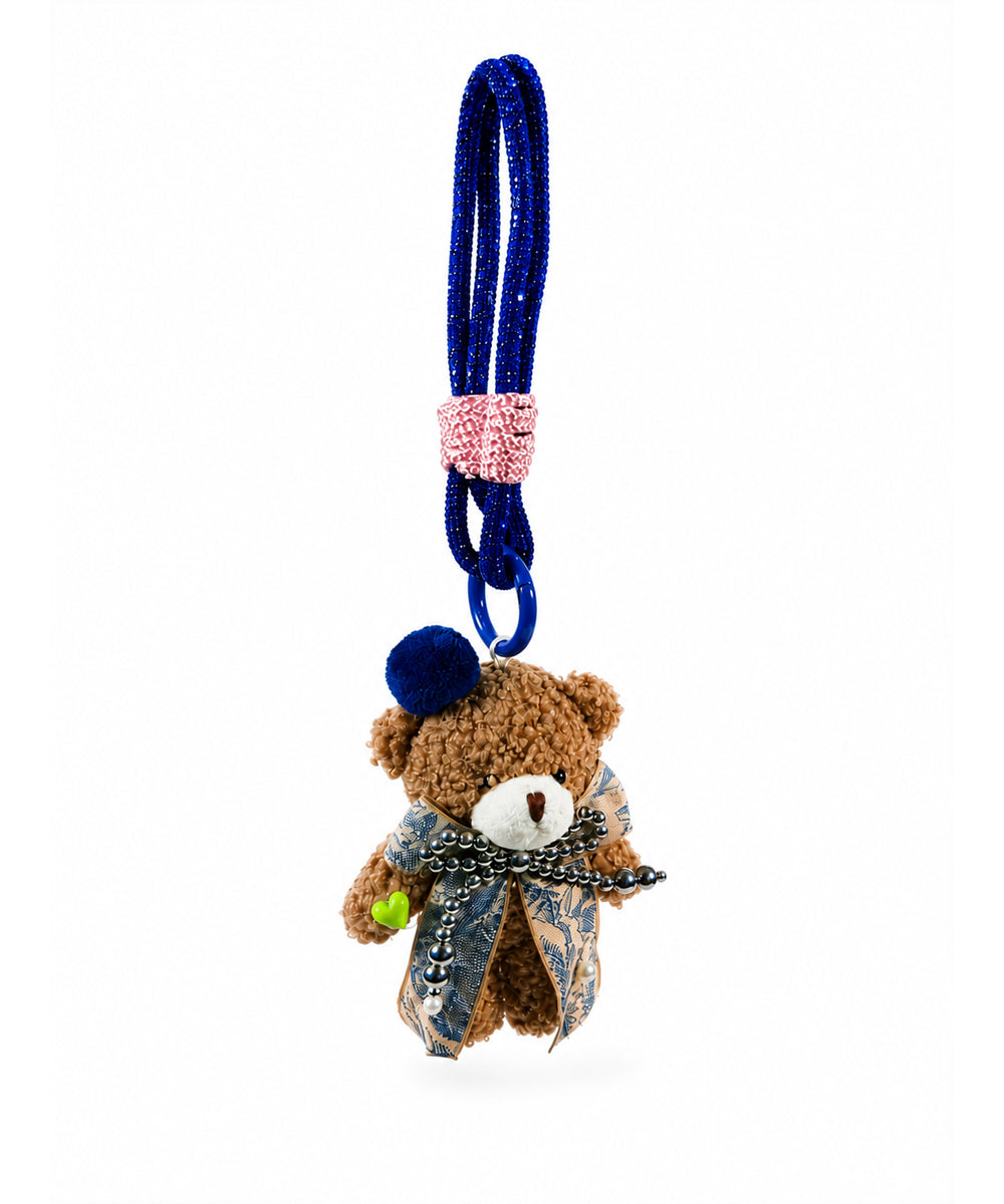 Blue Bow Teddy Bear Bag Charm with Sparkling Cord Strap