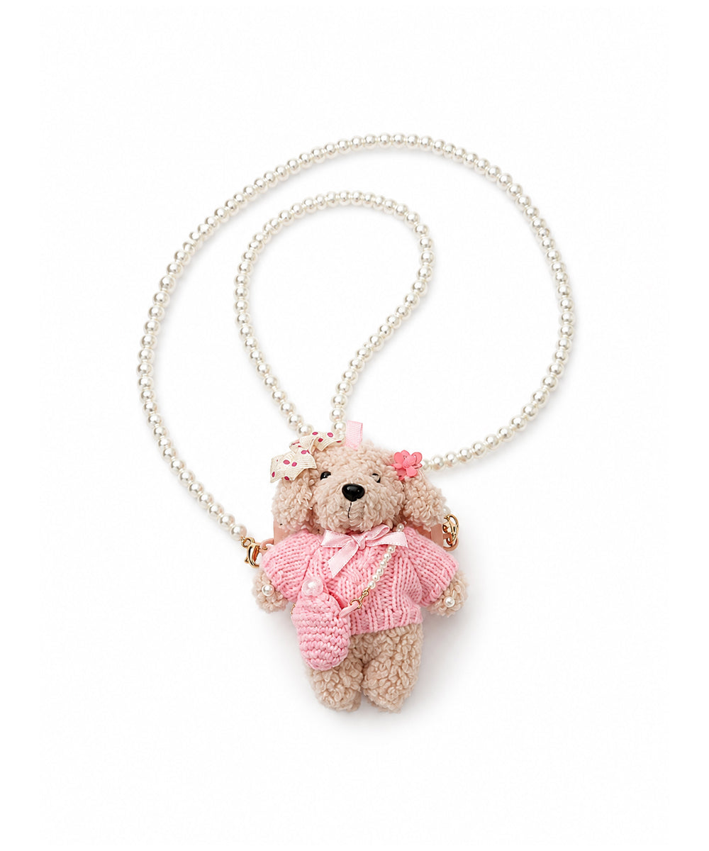 Pink Knit Teddy Bear Pearl Crossbody Bag