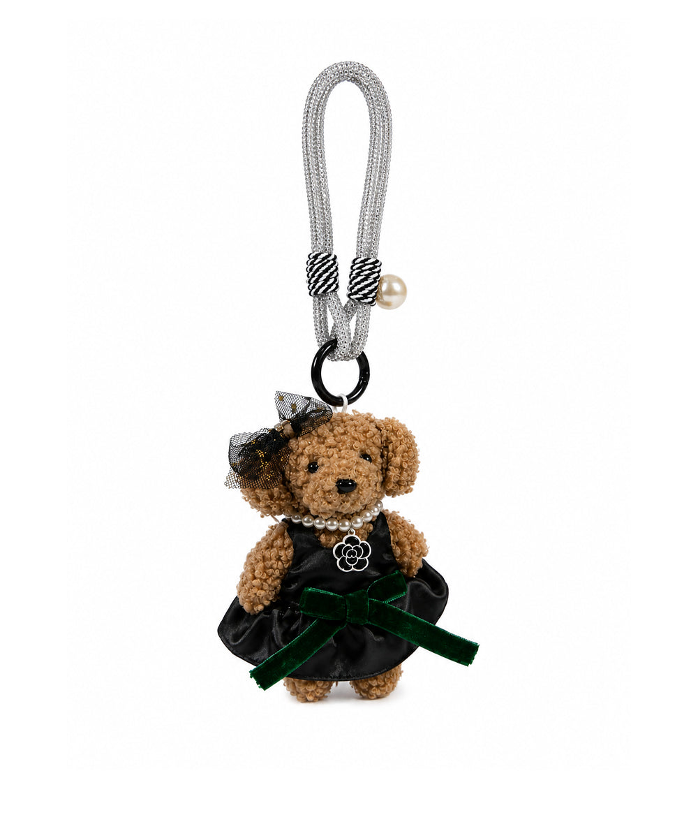 Black Satin Teddy Bear Bag Charm with Silver Rhinestone Strap