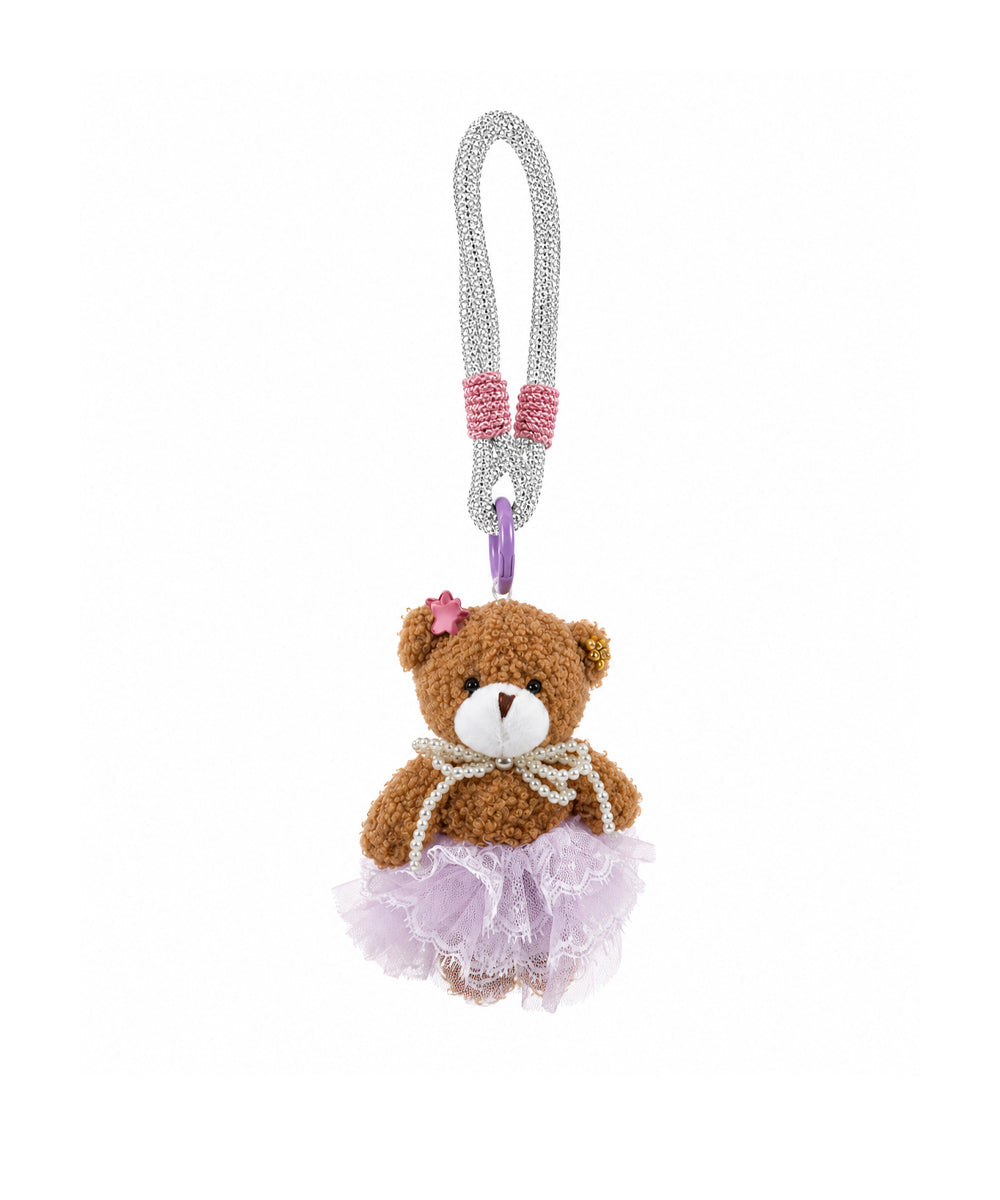 Lilac Lace Teddy Bear Bag Charm with Pearl Bow & Silver Rhinestone Strap