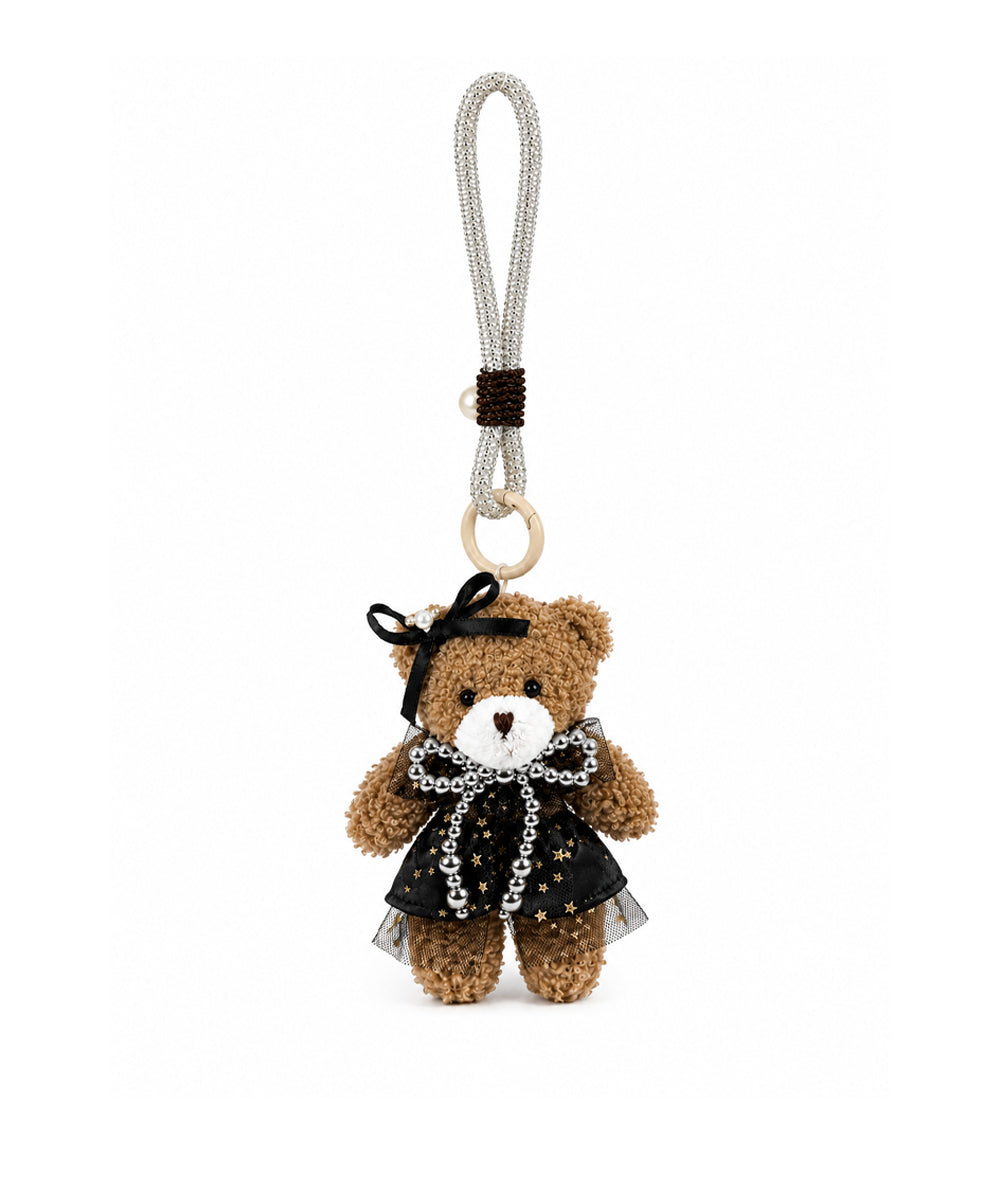 Black Star Teddy Bear Bag Charm with Pearl Bow & Silver Rhinestone Strap