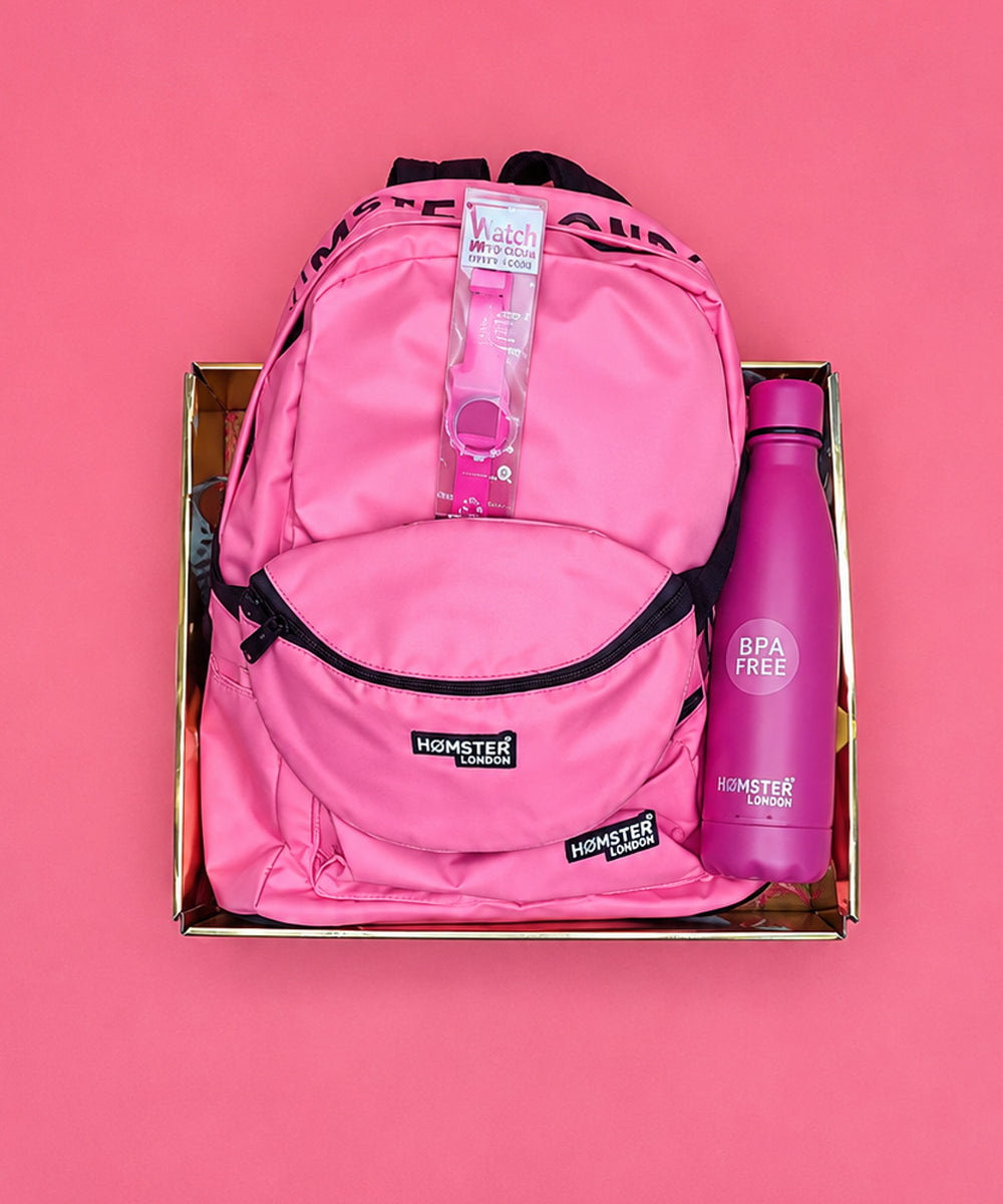 Hamster London Classic Backpack Gift Set with Waist Bag, BPA-Free Bottle & Slap Watch – Pink