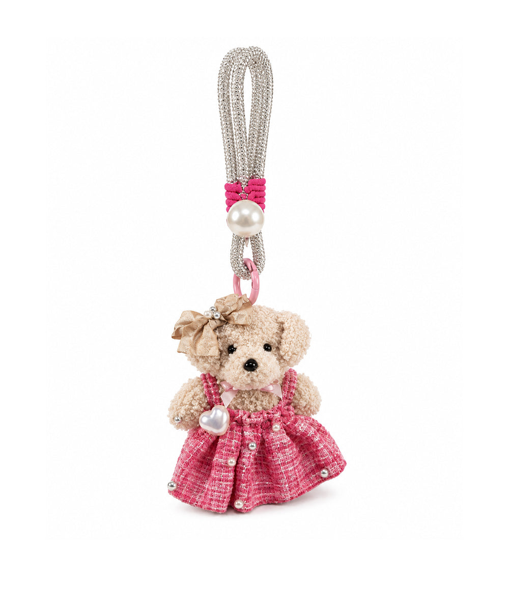 Pink Pearl Princess Teddy Bear Bag Charm with Silver Rhinestone Strap
