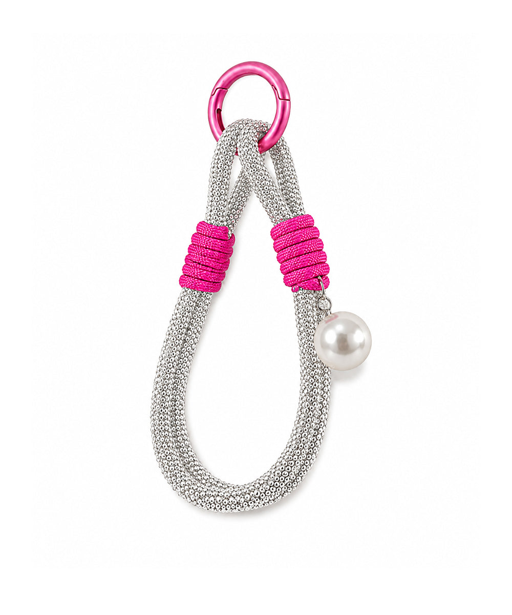 Pink Pearl Princess Teddy Bear Bag Charm with Silver Rhinestone Strap