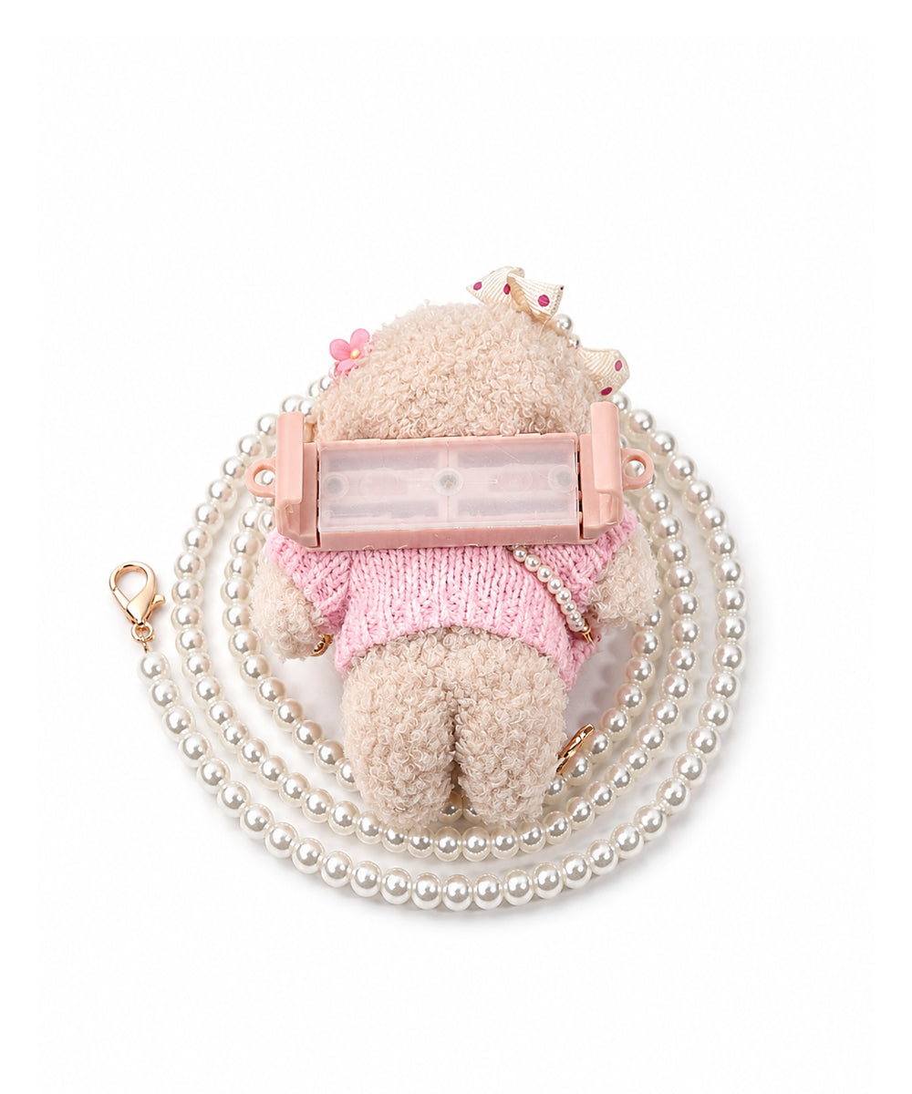 Pink Knit Teddy Bear Pearl Crossbody Bag