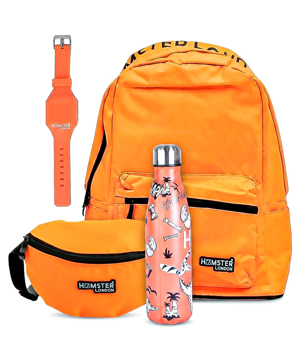 Hamster London Neon Orange Colour Backpack Gift Set with Waist Bag, Stainless Steel Bottle & Slap Watch
