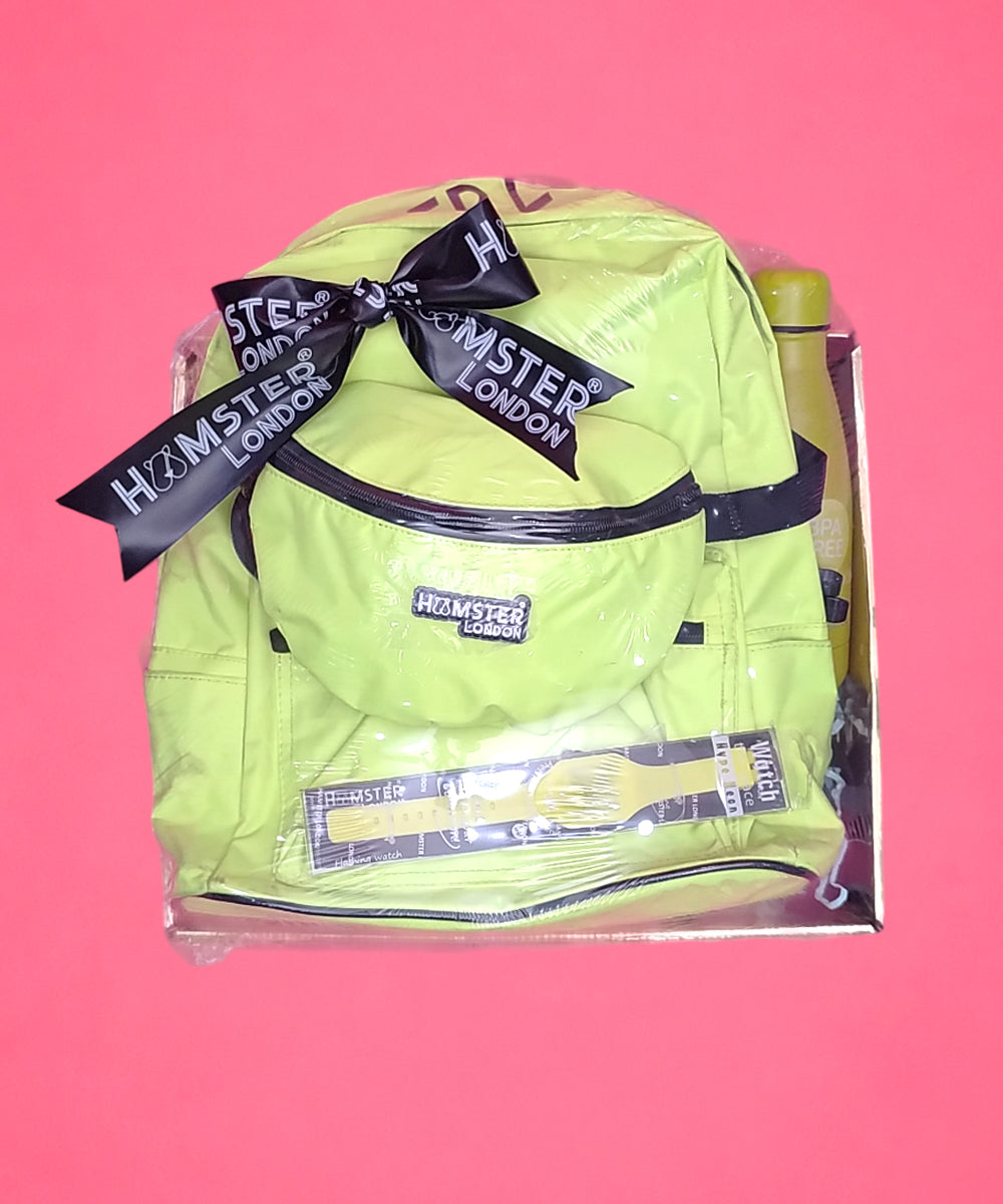 Hamster London Neon Backpack Gift Set with Waist Bag, Stainless Steel Bottle & Slap Watch