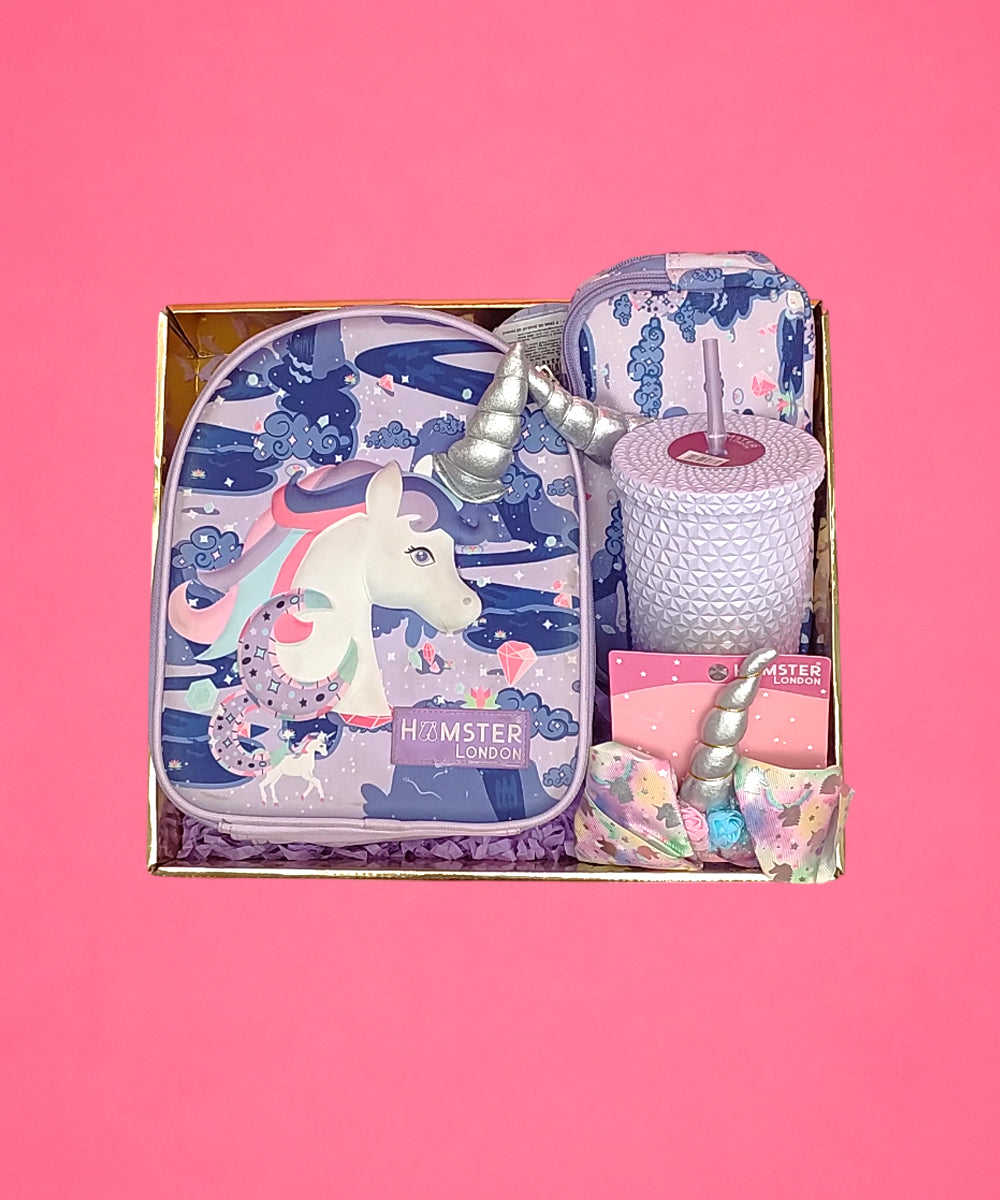 Hamster London Unicorn Backpack Gift Set with Mini Backpack, Unicorn Sipper & Hair Clip – Lavender