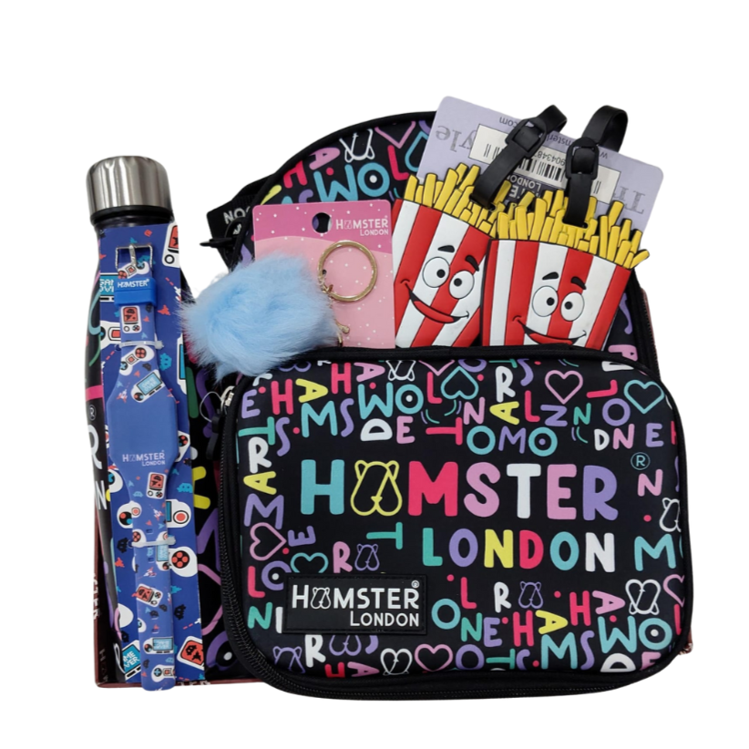 Hamster London Gift Hamper (Rainbow Chums Lunch Bag + Hardcase ,Neon Bottle , Keychain Pompom , Luggage Tag , LED Band Gamer Blue Watch)