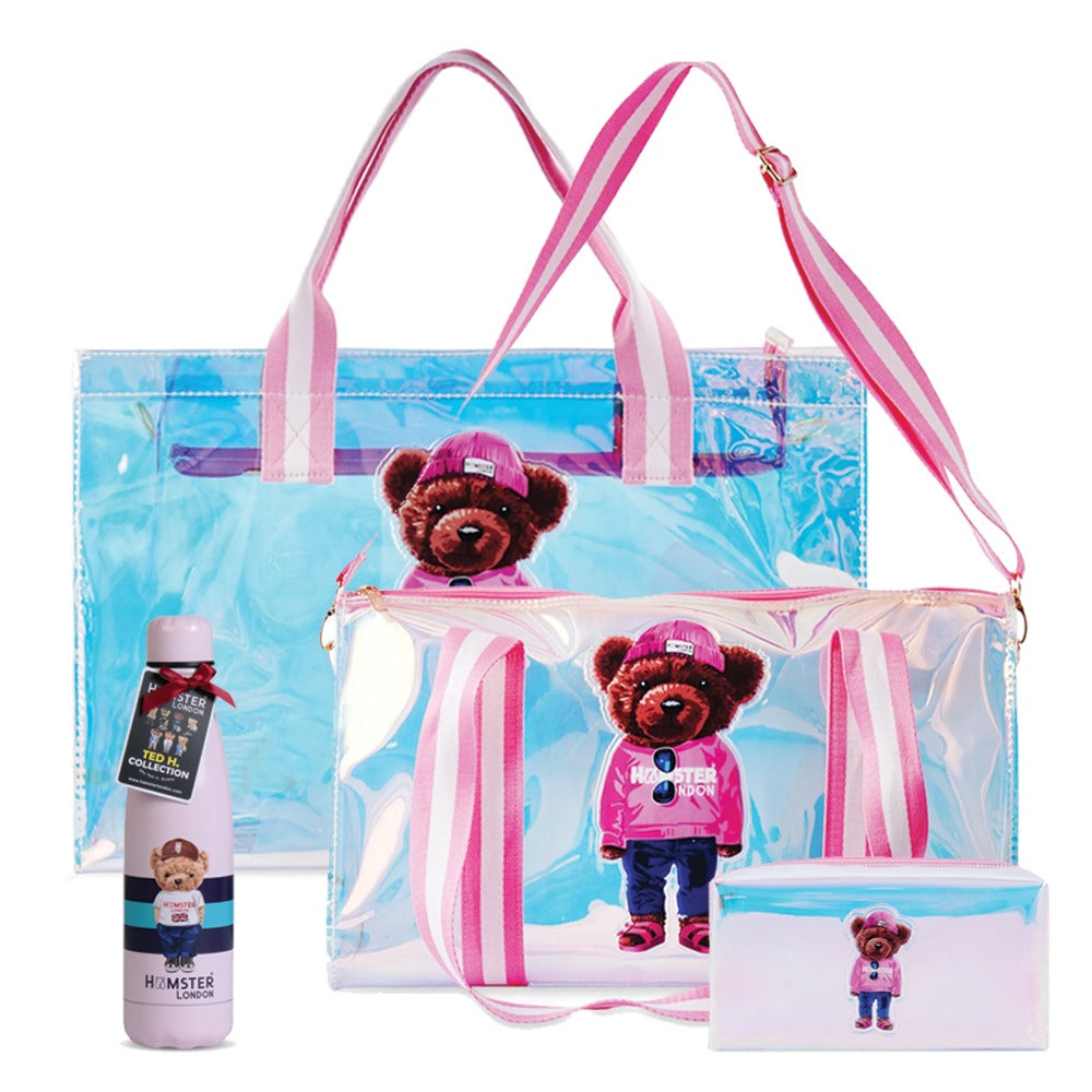 Hamster London Gift Hamper Ted H Combo Pink Duffle, Tote, Pouch, & Bottle