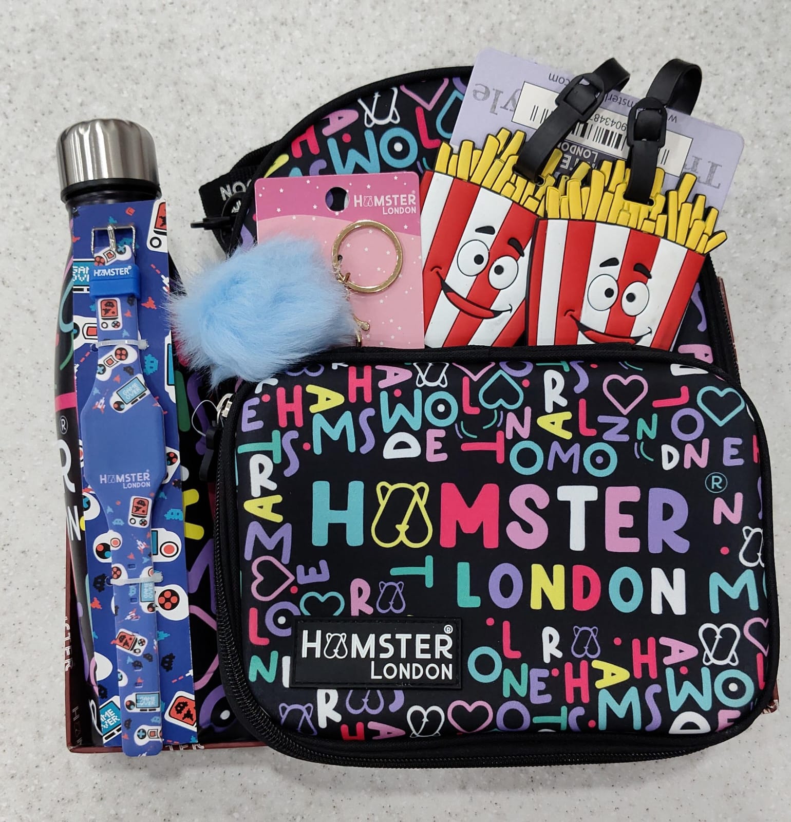 Hamster London Gift Hamper (Rainbow Chums Lunch Bag + Hardcase ,Neon Bottle , Keychain Pompom , Luggage Tag , LED Band Gamer Blue Watch)