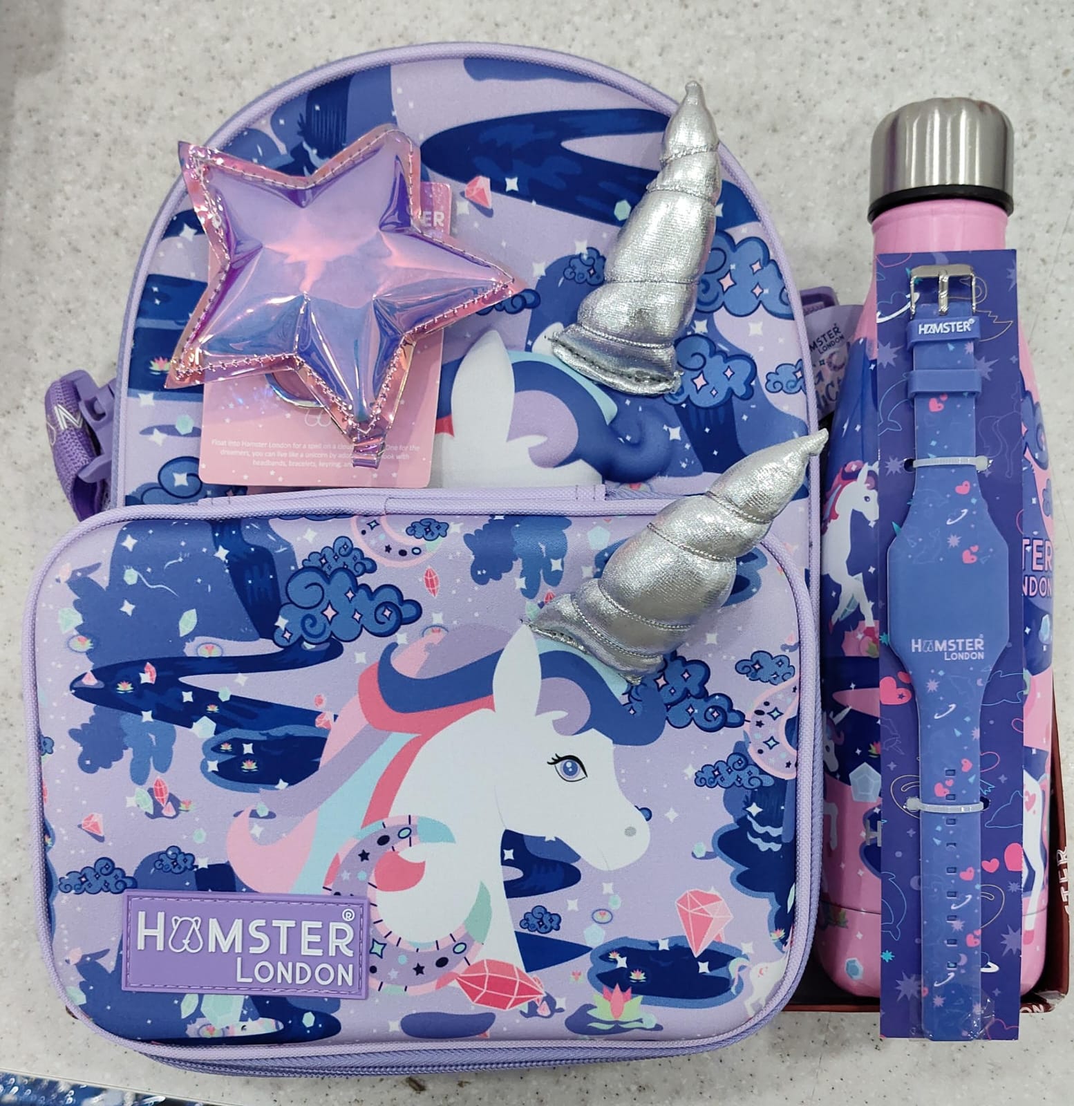 Hamster London Gift Hamster ( Magical Unicorn Hardcase + Lunch bags , Neon Bottle Unicorn , LED Band Mermaid Sea Watch , Star Key Chin )