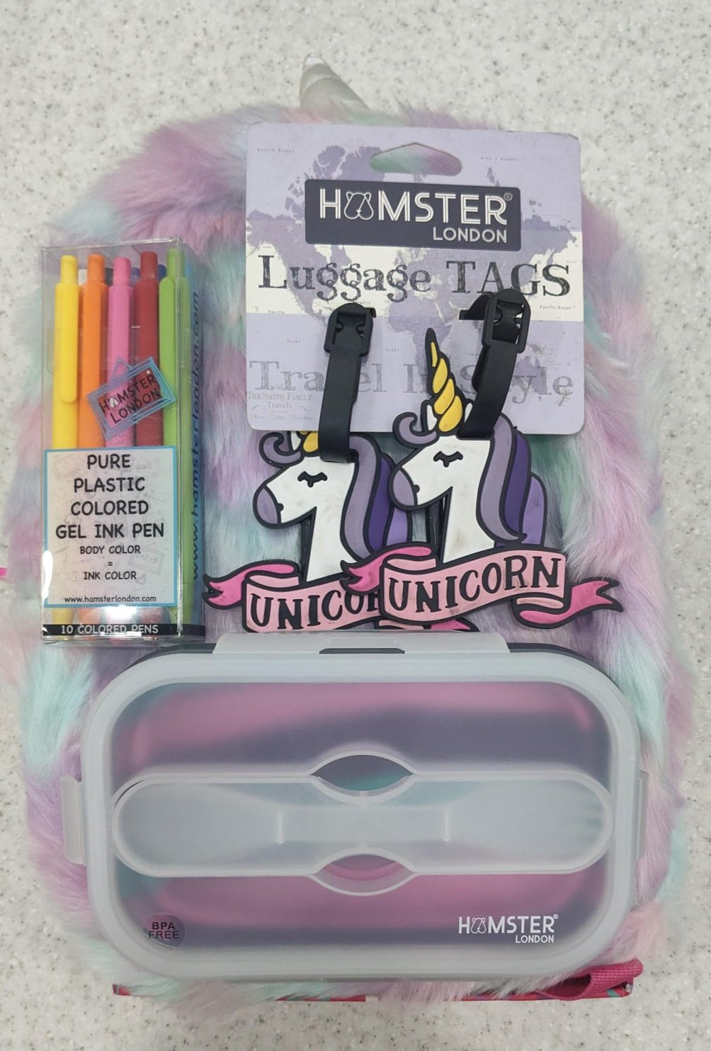 Hamster London Gift Hampers (Pc Fur Backpack + Bendable Tiffin Box ,pen set of 10, luggage tag )