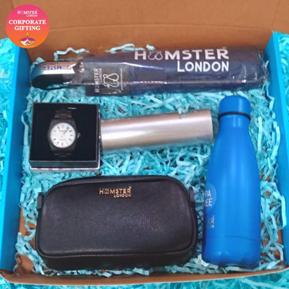 Hamster London Diwali Exclusive Corporate Gift Hamper Blue (Umbrella, Bottle, Watch, Airport Bag & Candle)