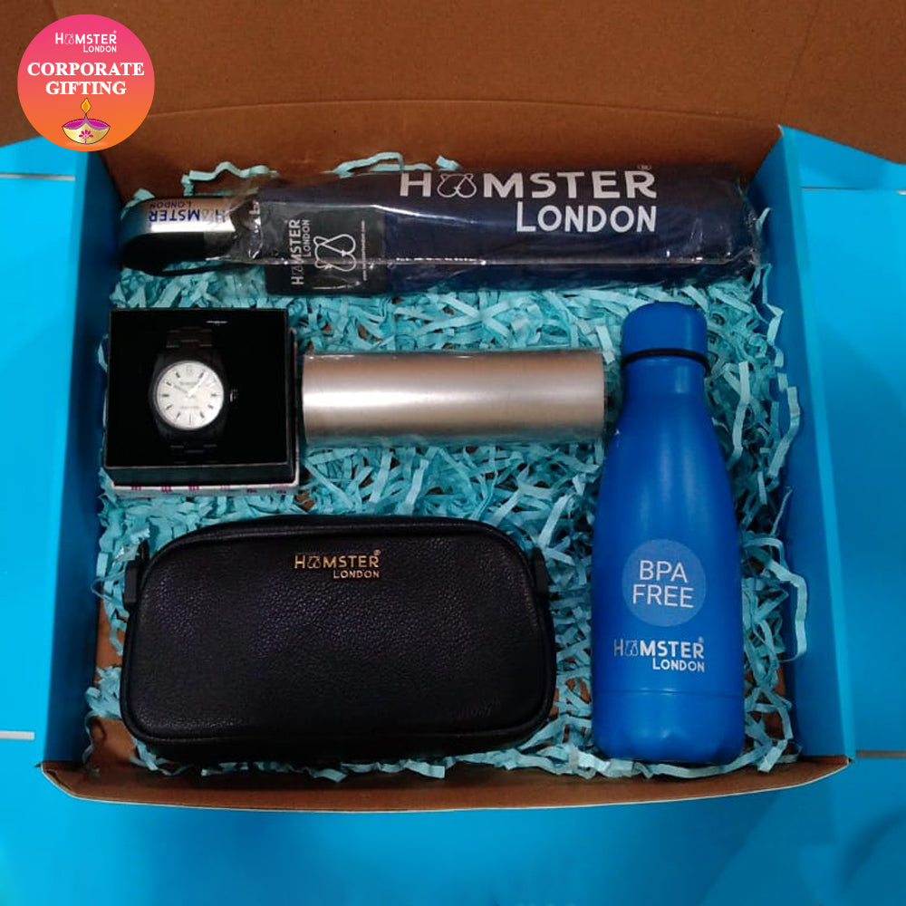 Hamster London Diwali Exclusive Corporate Gift Hamper Blue (Umbrella, Bottle, Watch, Airport Bag & Candle)