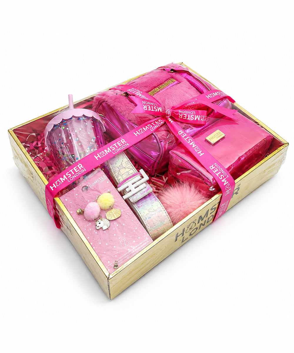 Hamster London Fur Baby Pouch Gift Hamper – Pink | Includes Sipper, Keychain, Belt, Makeup Pouch| Premium Gift Box