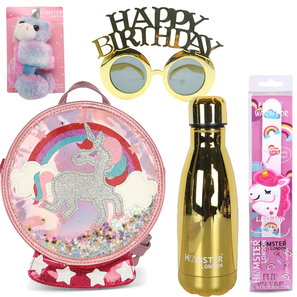 Hamster London Birthday Combo ( Unicorn Sling Backpack, Happy Birthday Glasses, Hype Neon Water Bottle , Printed Slap Band and Unicorn Watch)