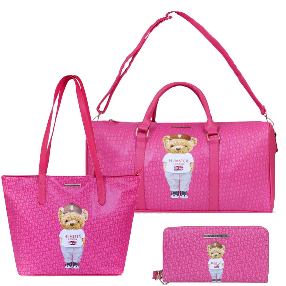 Hamster London Ted H Limited Edition PU Duffle + Tote + Wallet Hot Pink Combo
