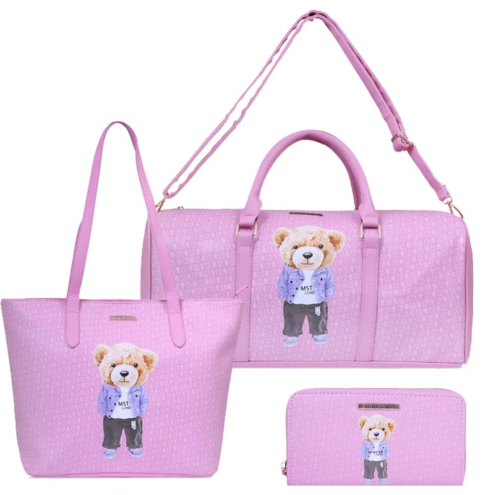 Hamster London Ted H Limited Edition PU Duffle + Tote + Wallet Light Pink Combo