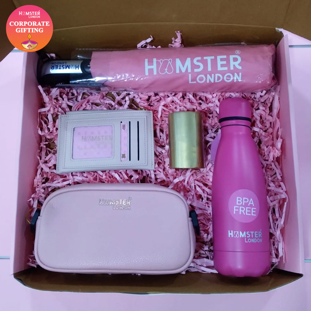 Hamster London Diwali Exclusive Corporate Gift Hamper Pink (Umbrella, Bottle, Card Holder, Airport Bag & Candle)