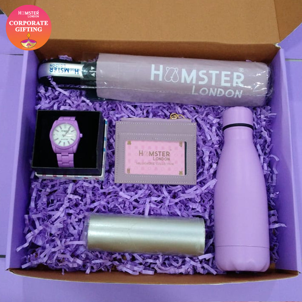 Hamster London Diwali Exclusive Corporate Gift Hamper Purple (Umbrella, Bottle, Watch, Card Holder & Candle)