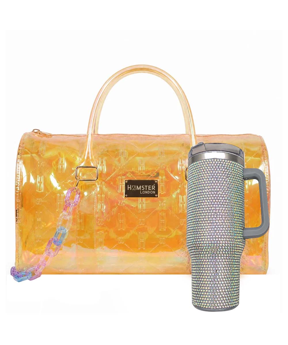 Hamster London Raver Duffle Bag Gold & Crystal Gem Tumbler Silver Set Of 2