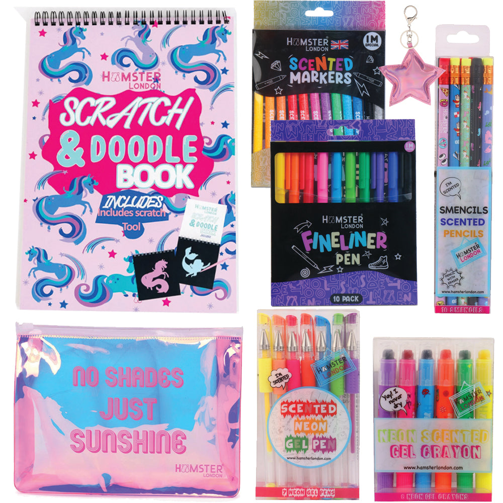 Hamster London Gift Hamper Stationery Set Unicorn + Fineliner + Scented Markers + Gel Pen + Crayon + Pouches + Key Chain