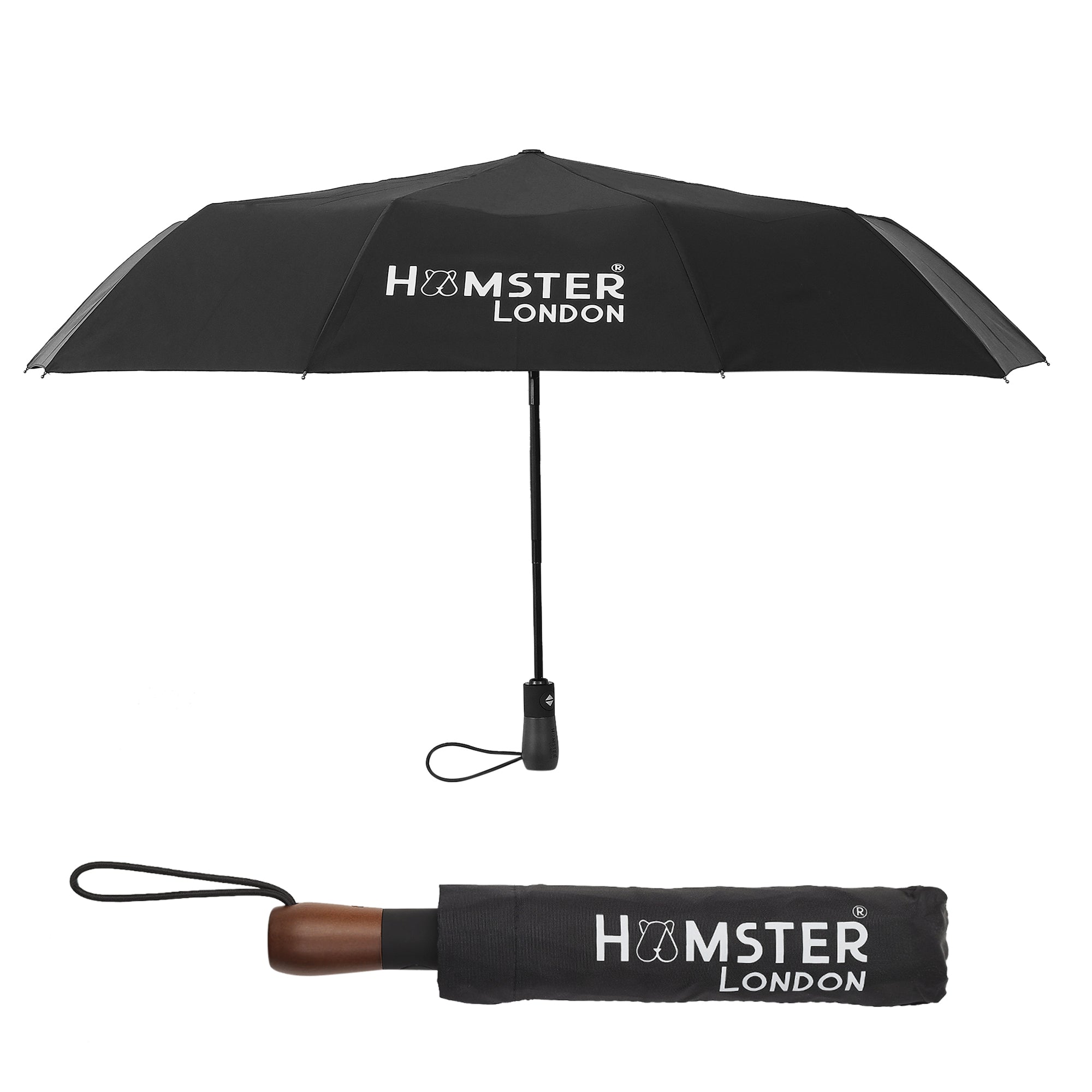 Wooden Automatic Open & Close Pocket Folding Umbrella (Black)