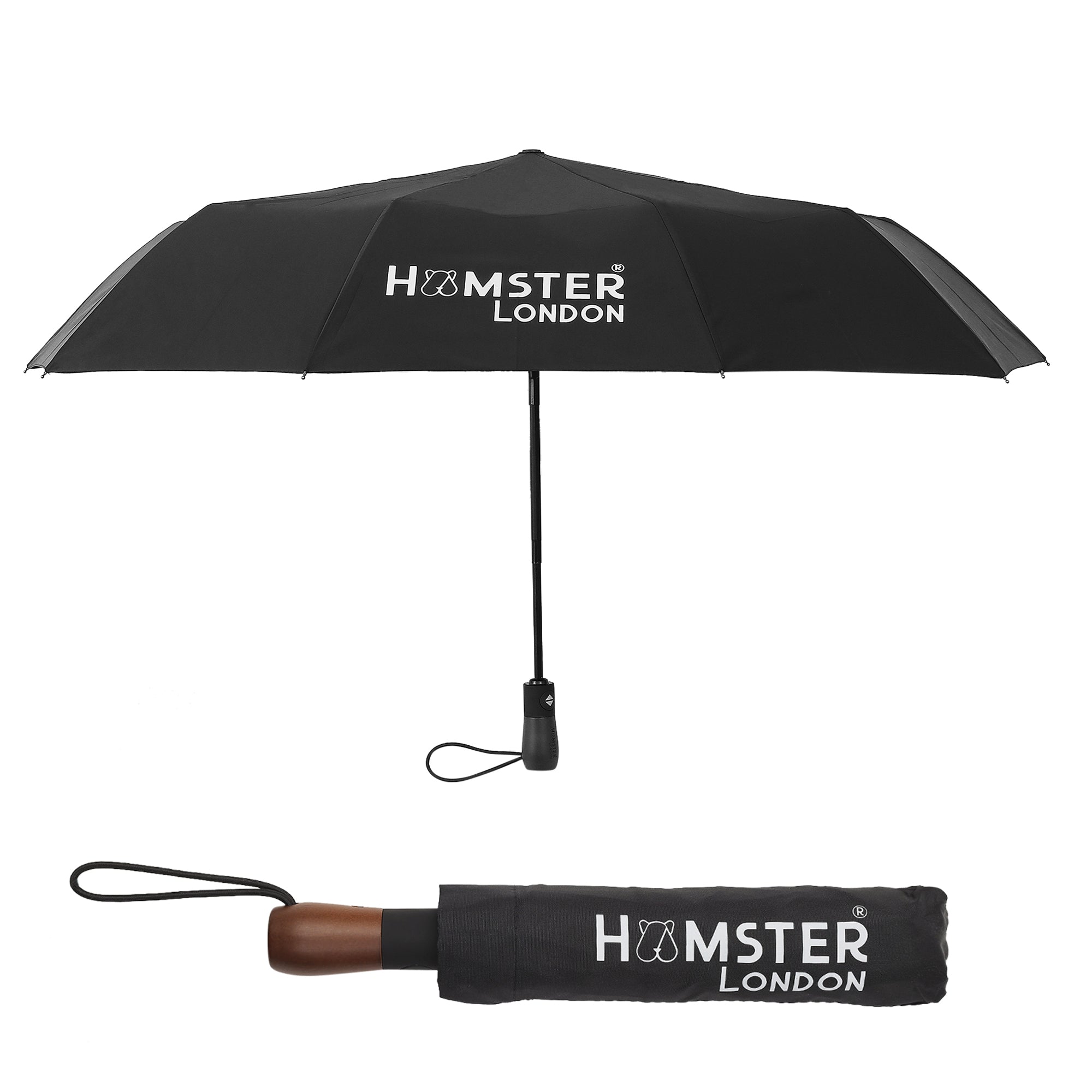 Hamster London Wooden Automatic Open & Close Pocket Folding Umbrella (Black)