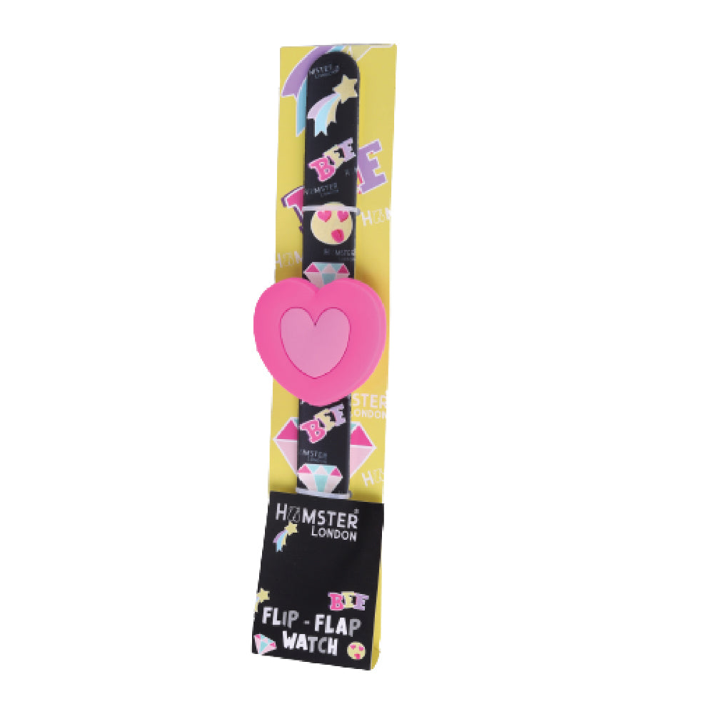 Hamster London Printed Slap Band Flip Wrist Watch Heart Black