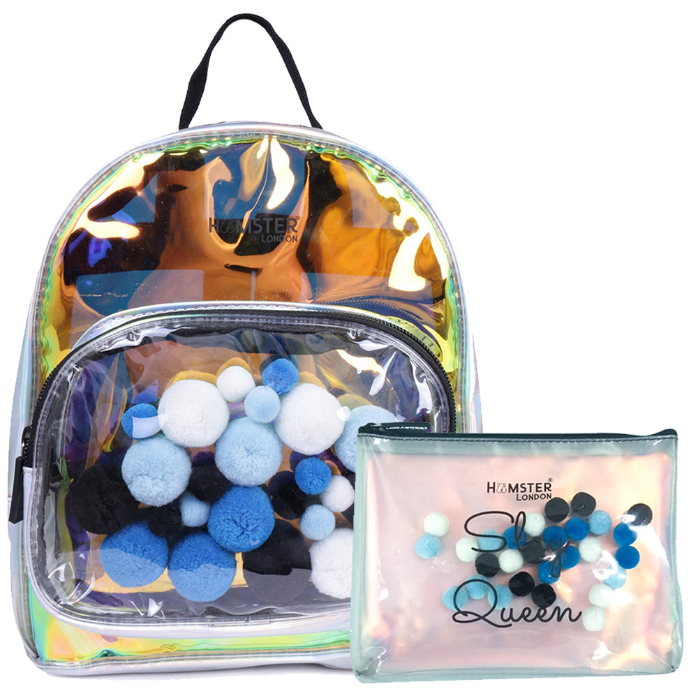 Pom Pom Small Backpack Blue With Pom Pom Pouch