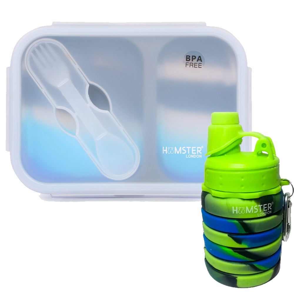 HL Silicon Bendable Tiffin Box Large Blue With Bendable Bottle Green